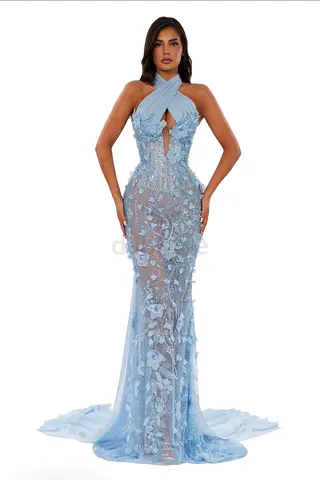 Albina Dyla Light Blue Floral Halter Gown, Size L