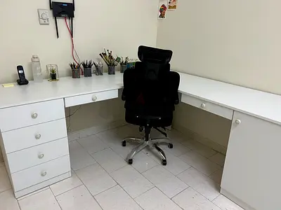 L-shaped White Office Desk or art table with Drawers - Good Condition but with some defects