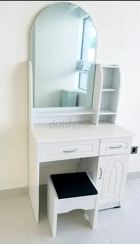 White Dressing Table with Mirror, Storage Shelves and Stool