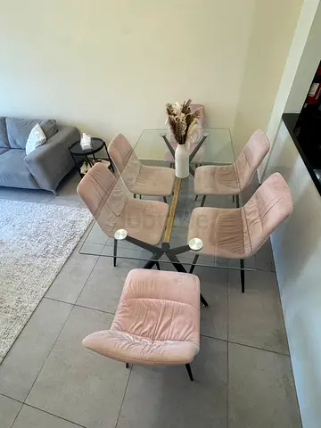 Modern Glass Top Dining Set with 6 Velvet Chairs