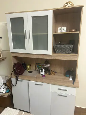 Wooden cabinet with glass doors and drawers - good condition