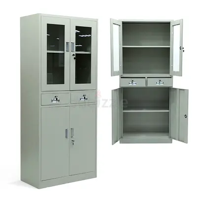 Tall Steel Storage Cabinet with Glass Top Doors and Lockable Drawers