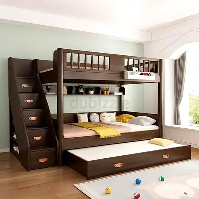 Solid Wood Triple Bunk Bed with Stair Drawers and Pull-Out Trundle - Dark Brown
