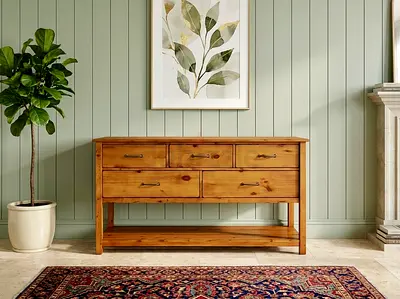 Pottery Barn Solid Wood Console Table with Drawers - Natural Finish