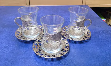 Set of 3 Turkish Tea Cups with Saucers
