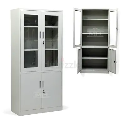 Metal Office Storage Cabinet with Glass Upper Doors and Lockable Lower Cupboards