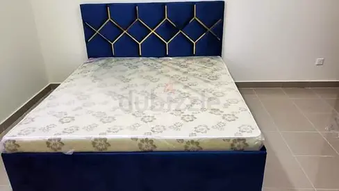 Queen size upholstered bed frame with mattress - navy blue