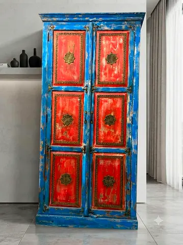 Hand-painted Vintage Wooden Wardrobe / Armoire - Blue Red