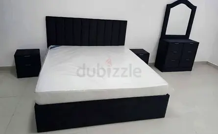 Black Fabric Double Bed with Headboard, Matching Nightstands and Dresser