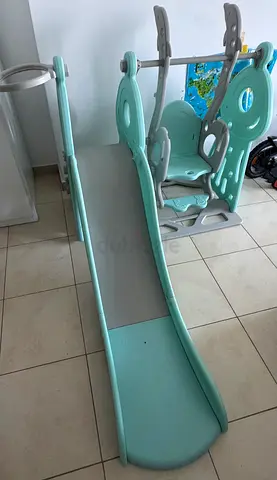 Foldable Kids Indoor Slide with Swing and Climbing Frame - Light Blue