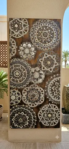 Large Wooden Wall Art Panel with Intricate Circular Mandala Patterns