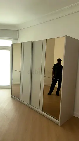 Large 4-Door Mirrored Wardrobe in Beige/White - Good Condition