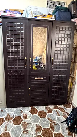 Dark Brown 3-Door Wardrobe with Mirror and Drawers - Good Condition