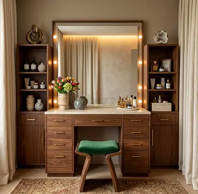 Wooden Dressing Table with Mirror and Side Cabinets - Walnut Finish