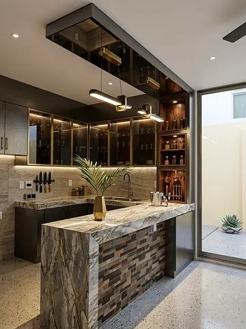 Modern compact kitchen island with marble countertop and built-in shelving