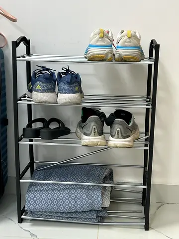Compact 4-Tier Metal Shoe Rack with Fabric Storage (Black & Silver)
