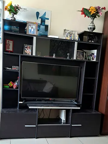 Dark Wood Entertainment TV Unit with Shelves and Storage - Good Condition