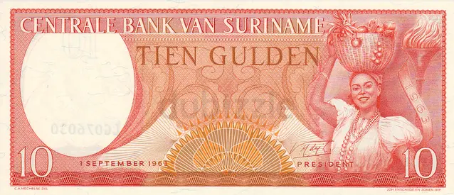 SURINAME 10 GULDEN BANKNOTE 1963