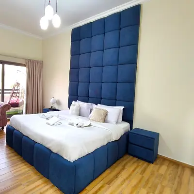 Blue Velvet King Bed with Mattress and 2 side tables and lamps