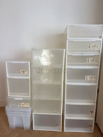 White plastic storage boxes