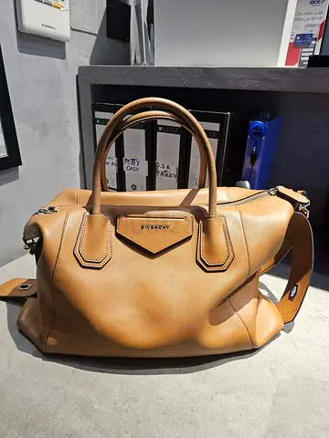 Tan leather tote bag with detachable shoulder strap - good condition