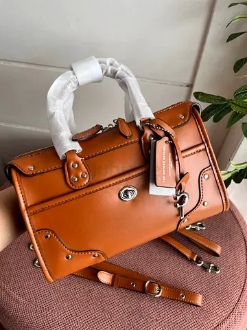 Genuine Leather Structured Satchel Bag with Detachable Strap - Brown