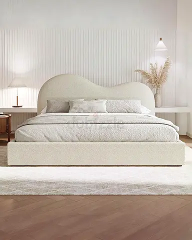 Modern Curved Headboard King Size Bed - Cream Upholstered Frame