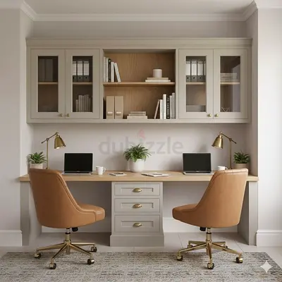 Pair of built-in study desks with storage cabinets and two swivel chairs