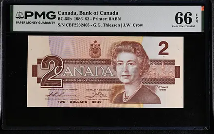 CANADA 2 DOLLARS BANKNOTE 1986 PMG 66