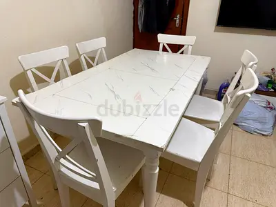 White 6-Seater Dining Table with Marble-Look Top and Chairs