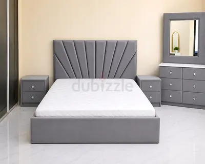 New Grey Upholstered Bed Frame with Headboard and Matching Nightstands