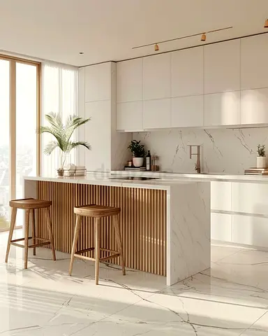 Modern white marble kitchen island with wooden panels