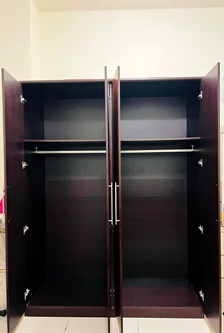 Dark Wood 4-Door Wardrobe with Hanging Rail and Shelves - Good Condition