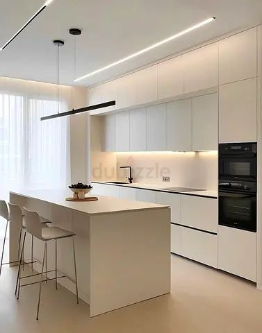 Modern Minimalist White Kitchen with Island with storage
