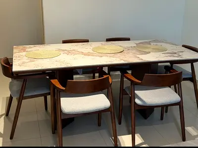 Solid wood dining table with 6 chairs and marble-effect top