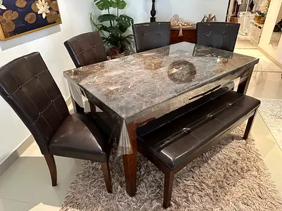 Home Centre, Solid Wood Dining Table with Marble Top, 4 Chairs + Bench (Good Condition)