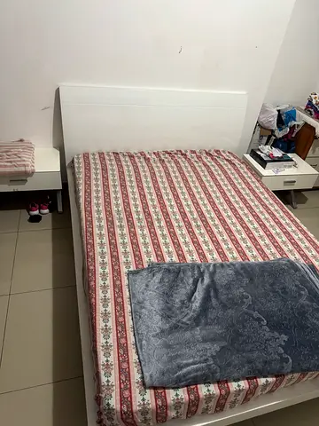 Queen bed frame with mattress and bedside table - good condition