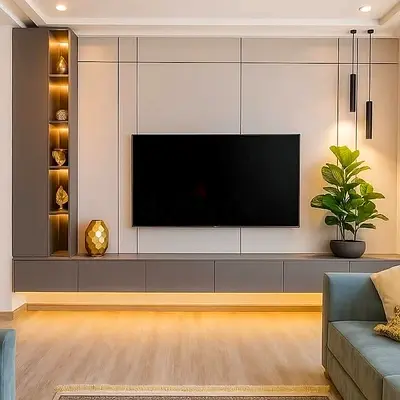 Modern wall-mounted entertainment TV unit with LED lighting