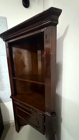 Dark wood corner cabinet with drawer - solid storage unit