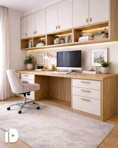 Custom built-in wooden study desk with overhead cabinets