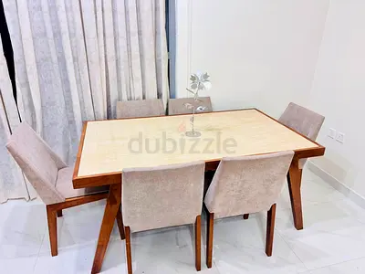 Wooden 6-Seater Dining Table with Upholstered Chairs - Light Top, Good Condition