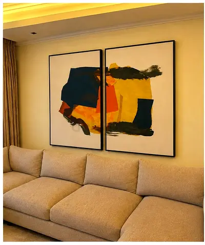 Pair of Large Abstract Framed Canvas Wall Art Panels