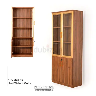 Tall Red Walnut file Cabinet with Glass Doors - 80x40x200cm