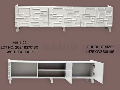 White Low TV Unit / Entertainment Cabinet - 175cm, Modern Geometric Front
