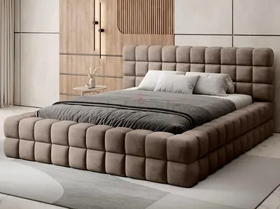 Modern Upholstered King Size Platform Bed with Padded Headboard