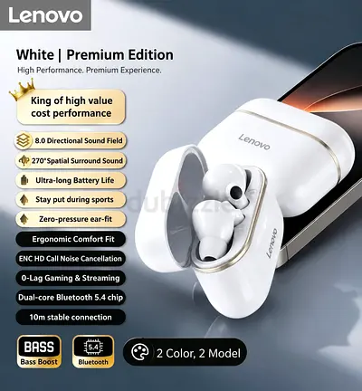 Lenovo True Wireless Earbuds - White Premium Edition, Bluetooth