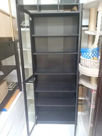 Tall Black Display Cabinet with Glass Door - Good Condition