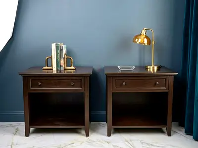 Pottery Barn Pair of Dark Wood Nightstands with Drawers