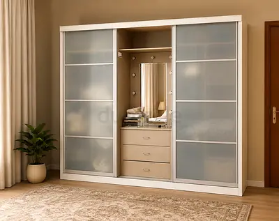 Large Sliding Wardrobe with Built-in Vanity and Drawers - Beige/White