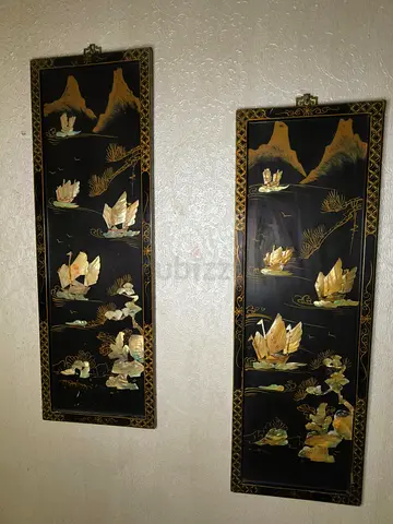 Vintage Oriental Mother of Pearl Inlay Wall Panels - Set of 2